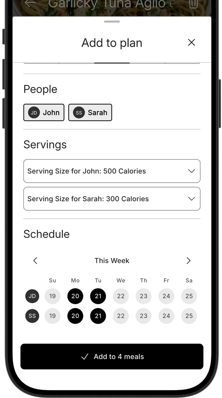 Add-to-plan sheet scheduling a recipe with individual servings for two people