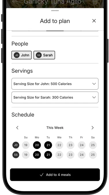Add-to-plan sheet scheduling a recipe with individual servings for two people