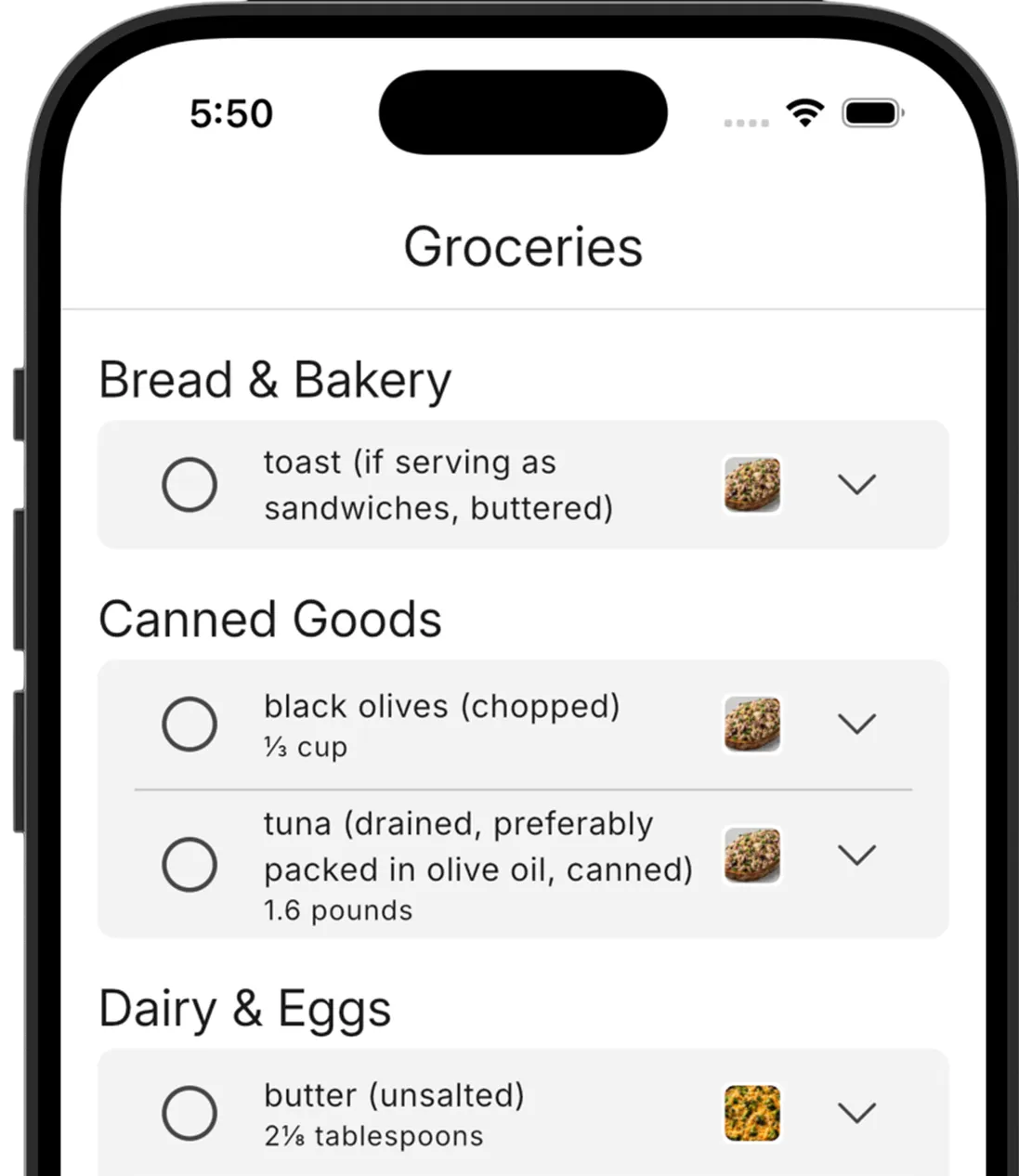Automatically generated grocery list organized by aisle