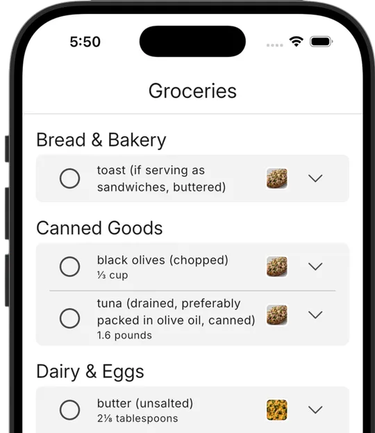 Automatically generated grocery list organized by aisle