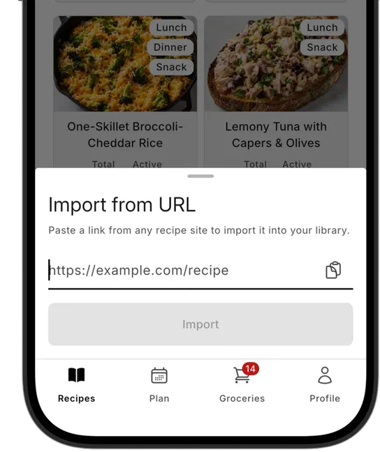 Plenish mobile app importing a recipe into the library from a pasted URL