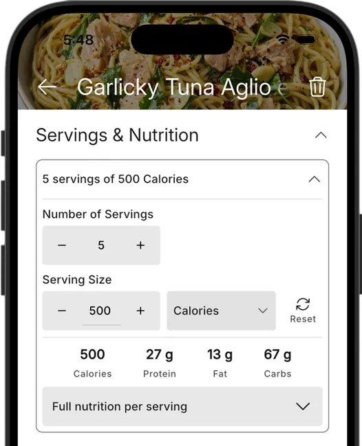 Servings and nutrition controls scaling a recipe to 500 calories per serving