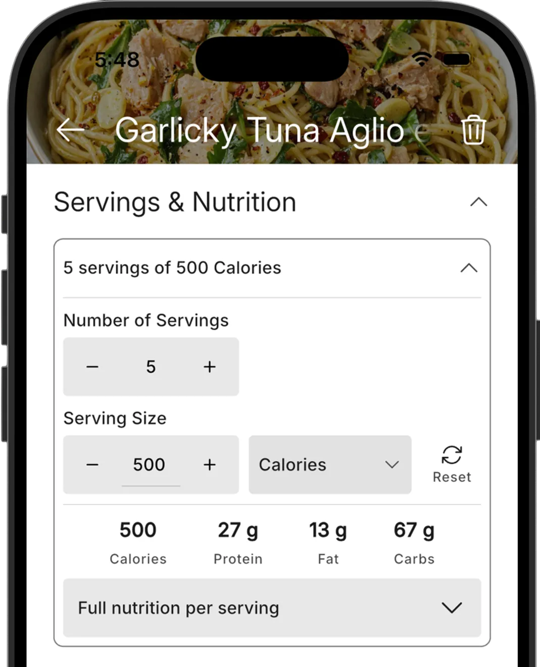 Servings and nutrition controls scaling a recipe to 500 calories per serving