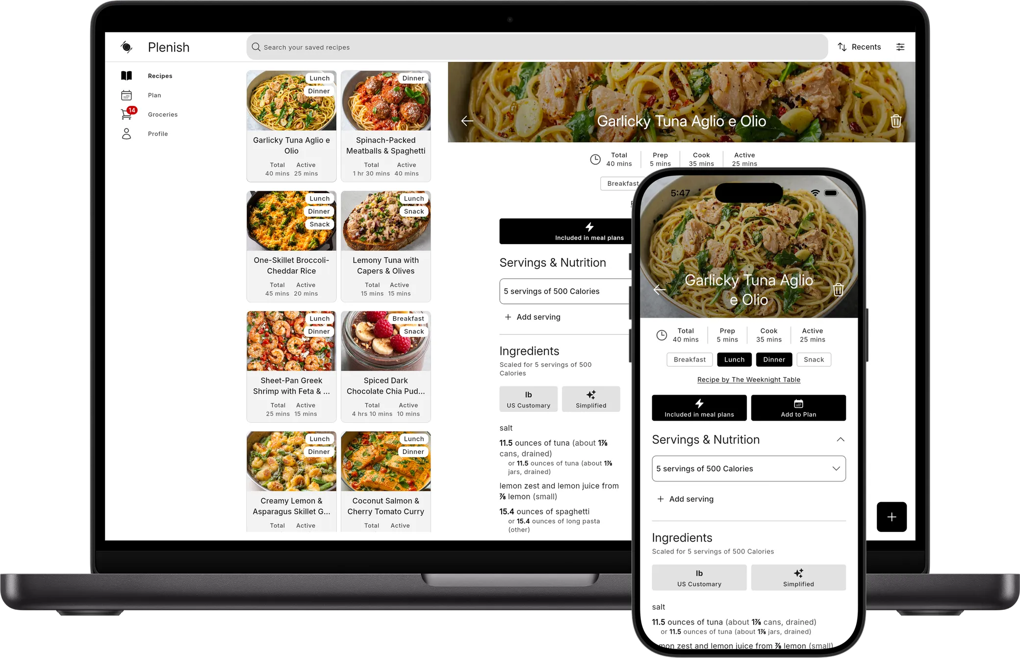 Plenish on desktop and mobile showing a recipe library and a recipe’s servings and nutrition