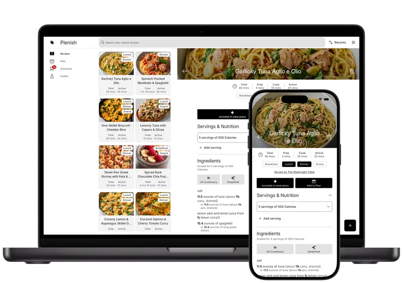 Plenish on desktop and mobile showing a recipe library and a recipe's servings and nutrition
